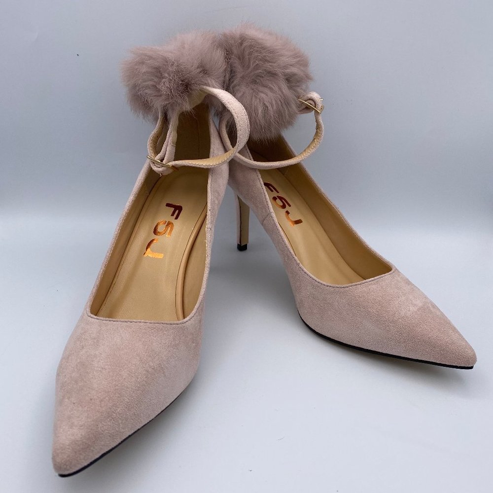FSJ Ankle Strap Heels Suede Pumps Fluffy Ball - Picture 2 of 8